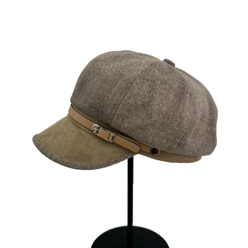 Retro suede belt buckle solid color beret female autumn face small octagonal hat big head circumference newsboy hat