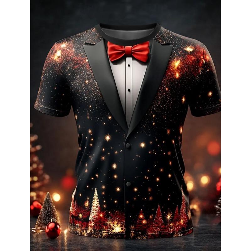 Летний топ с круглым вырезом и 3D-принтом на рождественскую тематику с галстуком-бабочкой, модные повседневные футболки с короткими рукавами для мужчин