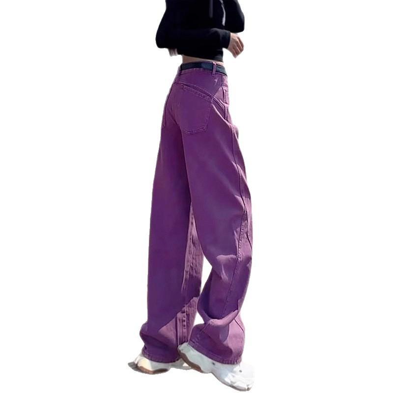 Womens Purple Wide Leg Jeans American Vintage Loose Straight Pants Plus Size Casual Trousers