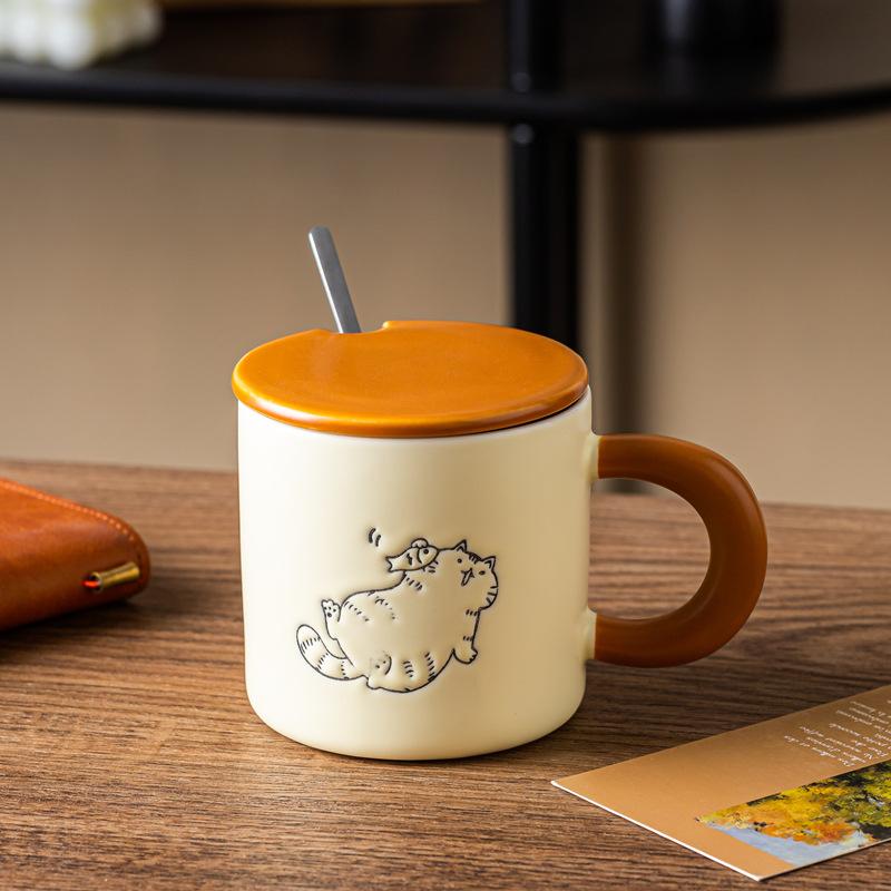 Cat Cup With Lid Ceramic Couple Gift High Value Hand Painted Cute Cat Water Cup Breakfast Coffee Cup