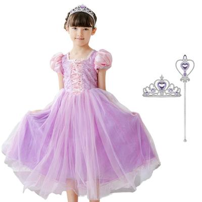 [MANAMANA] Платье Рапунцель для детей Платье принцессы Тиара Палочка Набор из 3 предметов Детский костюм Розовый Костюм принцессы для девочек Детский костюм Платье для трансформации