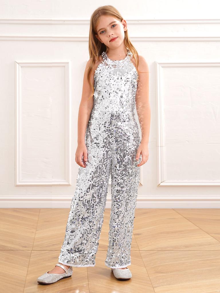 Kids Girls Halter Shiny Sequins Jazz Latin Dance Jumpsuit Sleeveless High Waist Pageant Romper Long Pants
