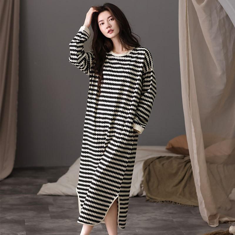 Womens Cotton Nightgown Long Sleeve Striped Sleepwear Loungewear