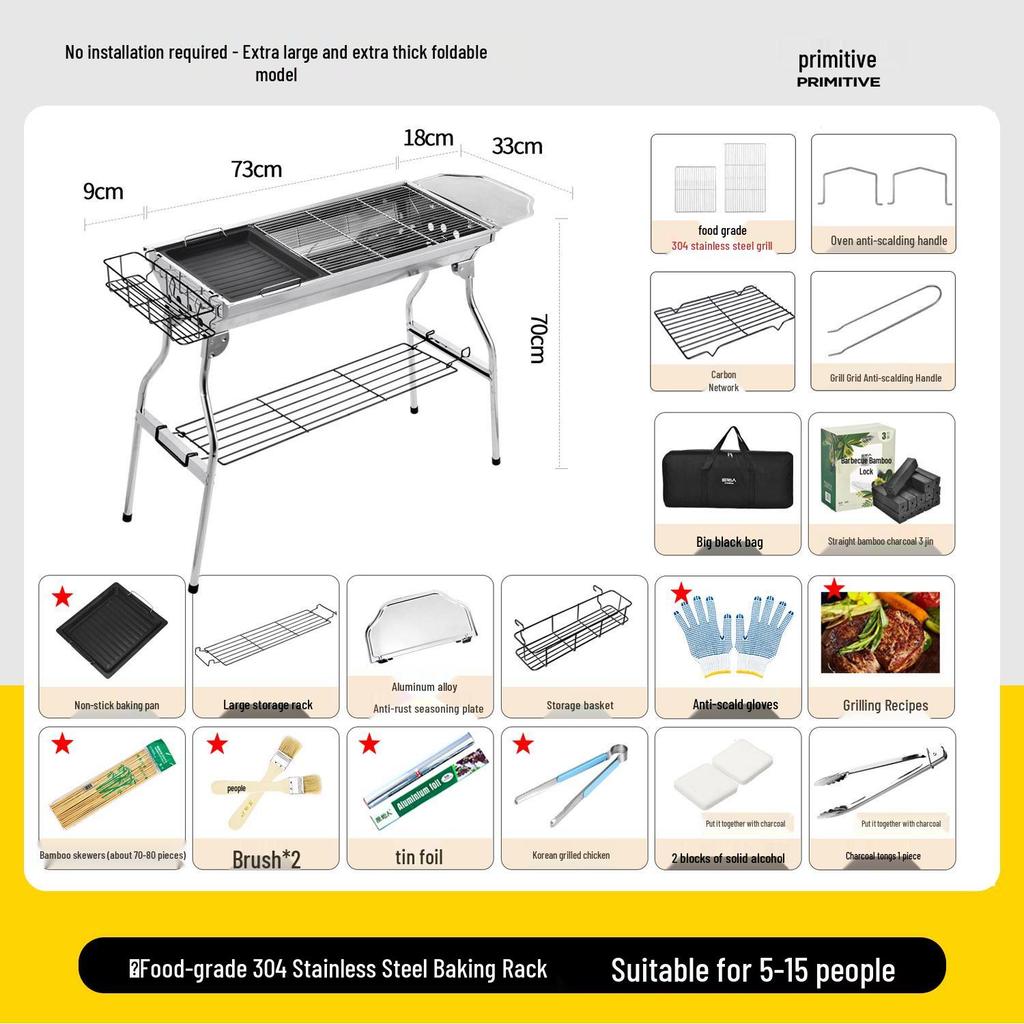 Большой портативный складной угольный гриль-барбекю из нержавеющей стали для использования на открытом воздухе и дома