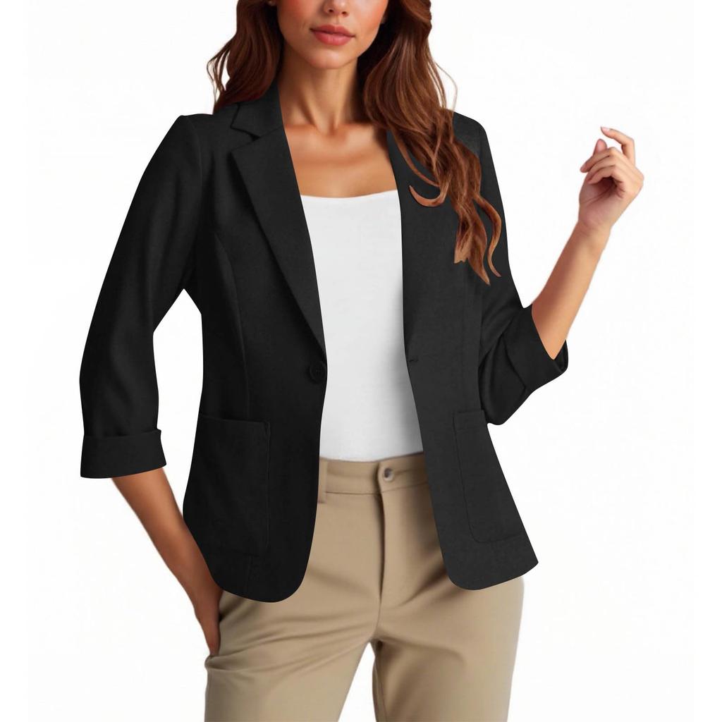 Womens Casual 3/4 Sleeve Blazers Open Front Solid Color Lapel Collar Work Business Suit Jackets