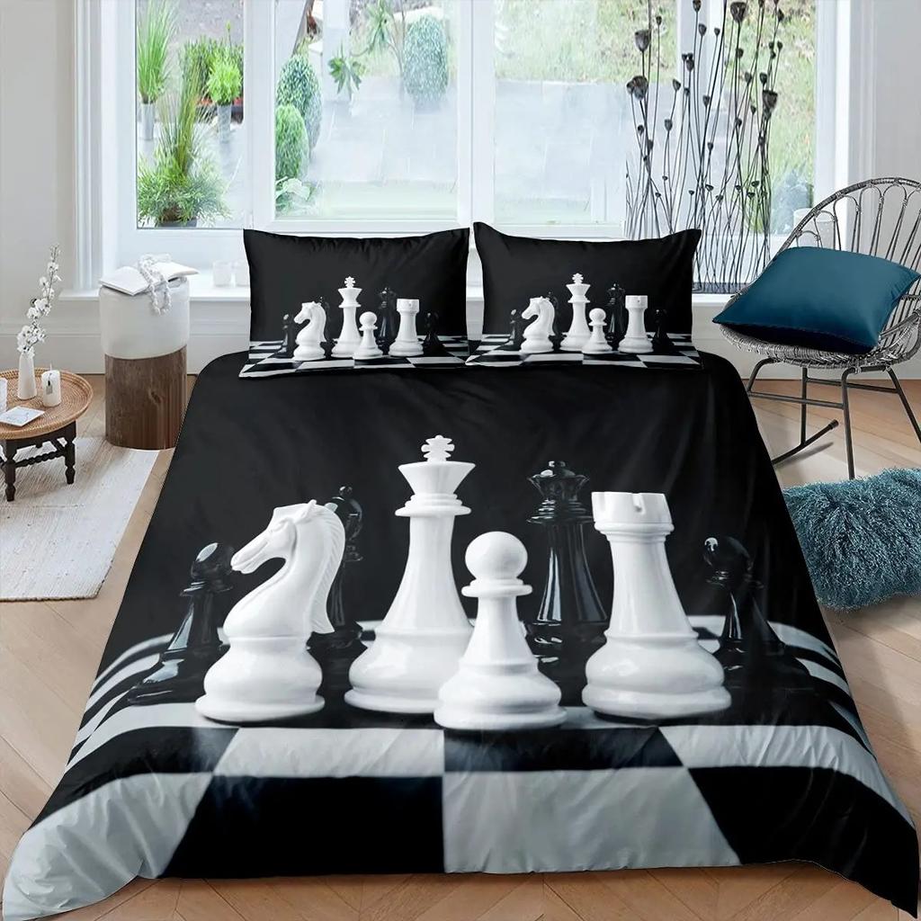 International Chess Duvet Cover Set Queen Size Chess Lovers Постельное белье для детей и взрослых Микрофибра Черная основа 23 шт Пододеяльник