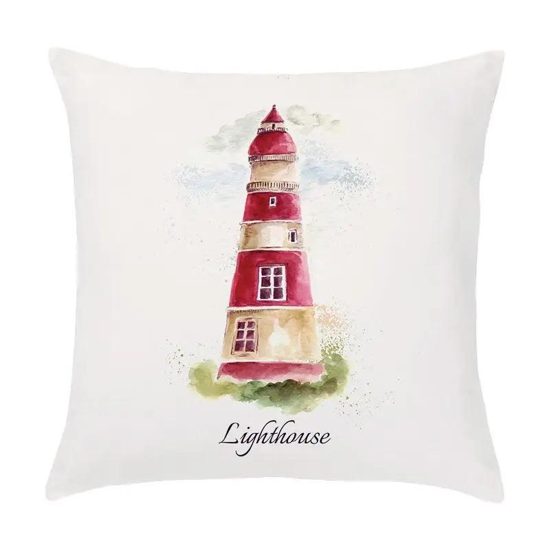 Cartoon Nautical Series Hot Air Balloon Lighthouse Print Pillow Cover Home Room Office Seat Living Room Sofa Cushion Cover