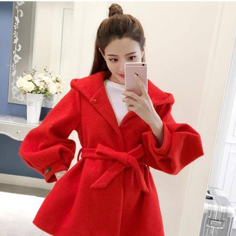 Пальто-накидка из красной шерсти в корейском стиле с капюшоном и завязкой, рукава-фонарики, модный короткий дизайн для миниатюрных женщин