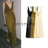 Summer Women's Clothing A- Line Asymmetric Hem Draped V Neck Silk Satin Texture Sling Dress 2590934