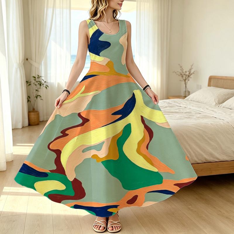 Women's Abstract Art Sleeveless Beach Maxi Dress,Loose Lightweight Breathable,Casual Daily & Vacation Versatile Summer Fashion Dress