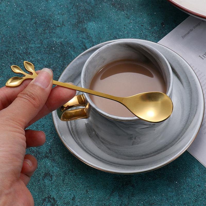 6 шт. Творческая личность Нержавеющая сталь Золотые ложки Дерево Лист Ложка Кофейная ложка Чайная ложка Домашний Ресторан Десерт Столовые приборы Набор