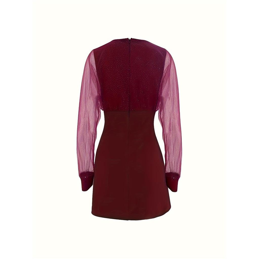 Женское однотонное сетчатое элегантное короткое платье с длинными рукавами и V-образным вырезом