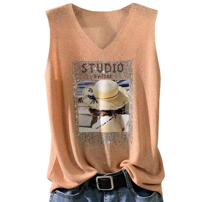 2023 Блестящий шелковый женский жилет без рукавов с V-образным вырезом - Новый стиль весна/лето, свободный крой с вязаным дизайном на бретелях с горячими бриллиантами