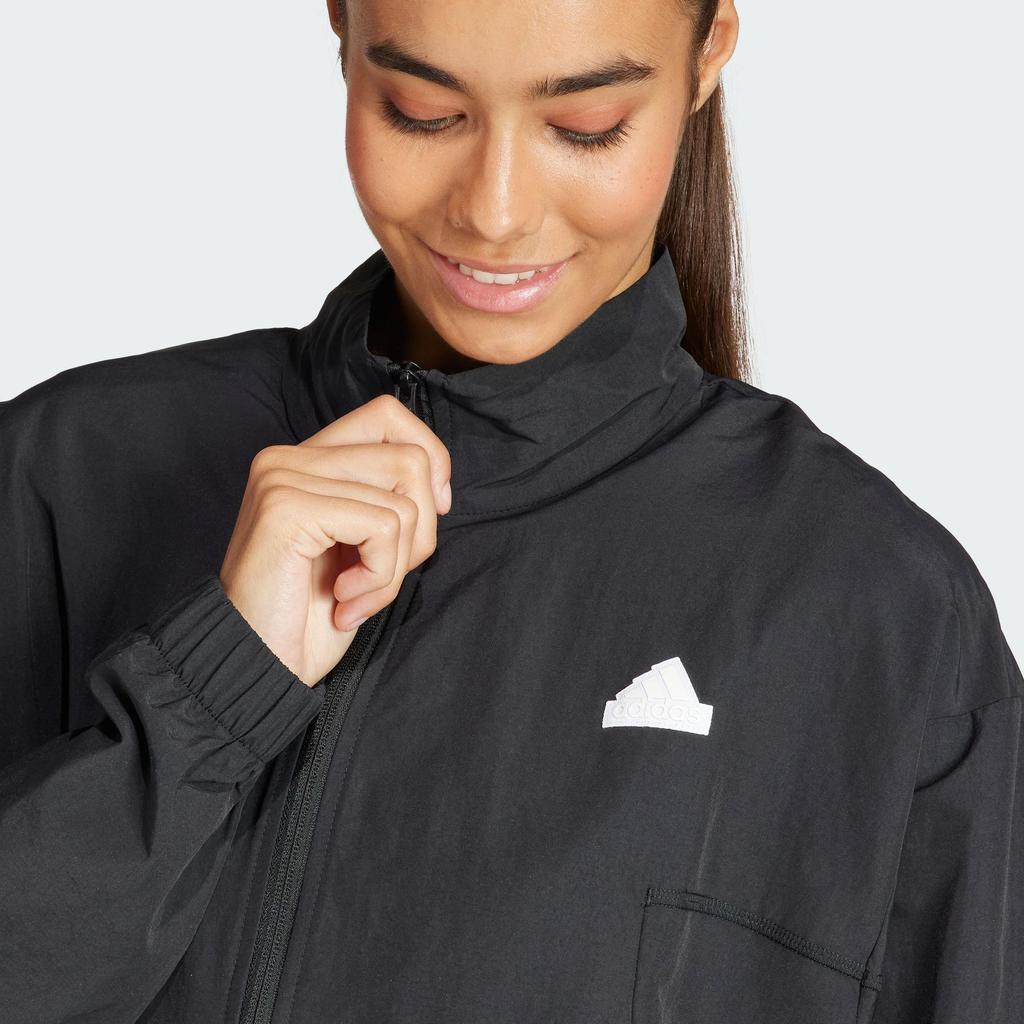adidas Спортивный костюм Gametime свободного кроя с длинным рукавом, воротником-стойкой, молнией, средней талией, эластичные брюки с пятью точками, повседневный комплект, женские спортивные костюмы, черный цвет IN1839