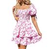 Women's Fashionable Floral Print Square Neck Pleated Short Sleeved Vacation Casual Dress