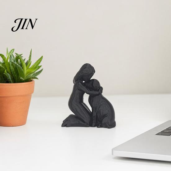 Moisture-proof Home Decor 3D Printed Girl with Dog Figurine Ornament, Minimalist Squatting Pose Pet Lover Gift Sculpture, Healing & Decoration,