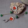 Vintage Artistic Round Red Stone Green Beads Earrings Extra Long Square Metal Statement Dangle Earrings