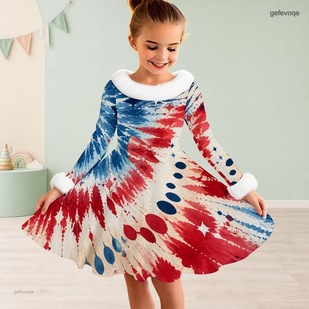 Girls Navy Blue Printed High Neck Long Sleeve A Line Flared Dress With White Fur Trim And Bow