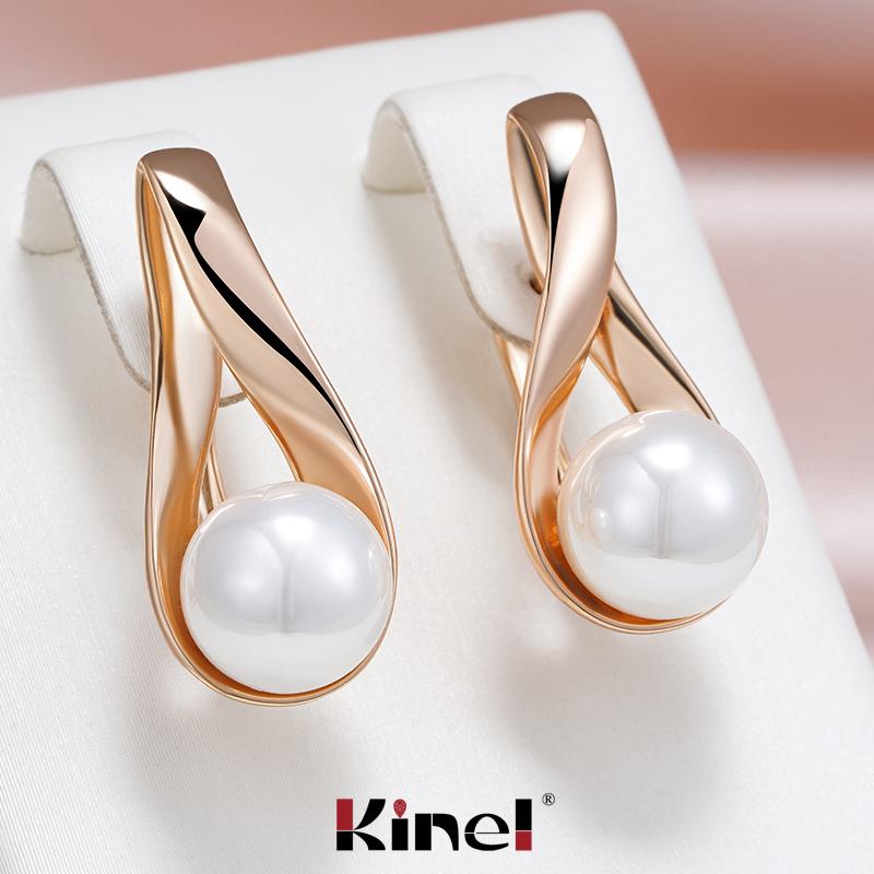 Kinel Pearl Drop Earrings For Women Rose Gold Color Bride Wedding Elegant Jewelry Memorial Day Gift