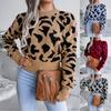 Women Knitted Sweatshirt Crew Neck Long Sleeve Jumpers Loose Leopard Print Pullover Sweater Loos Knit Tunic Tops