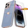 Case for iPhone 14 Pro - Shockproof - Silicone TPU - Heart Pattern - Gold Plated - 2 Tempered Glasses