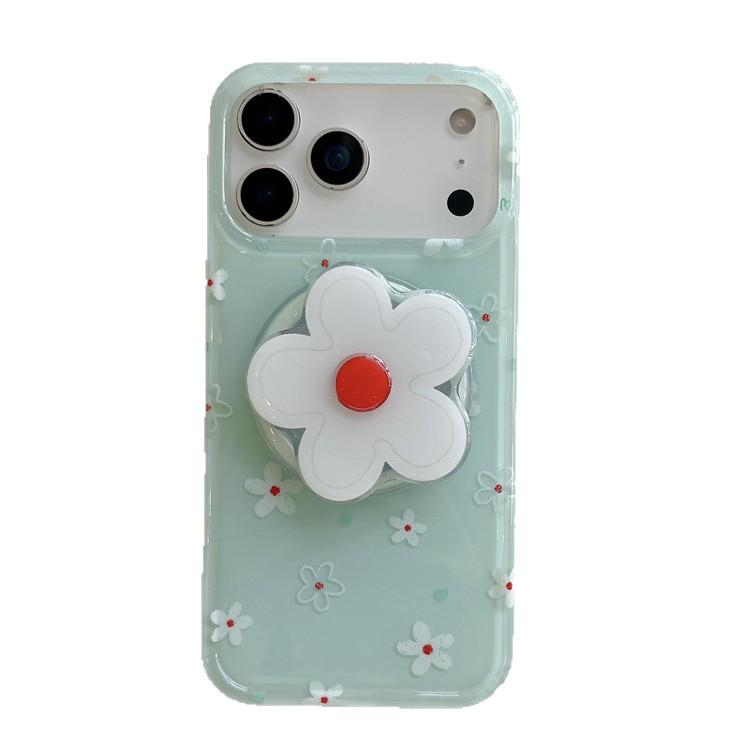 Mint Green & White Floral Magnetic Stand Case for iPhone 17/16 Pro Max/15 Pro