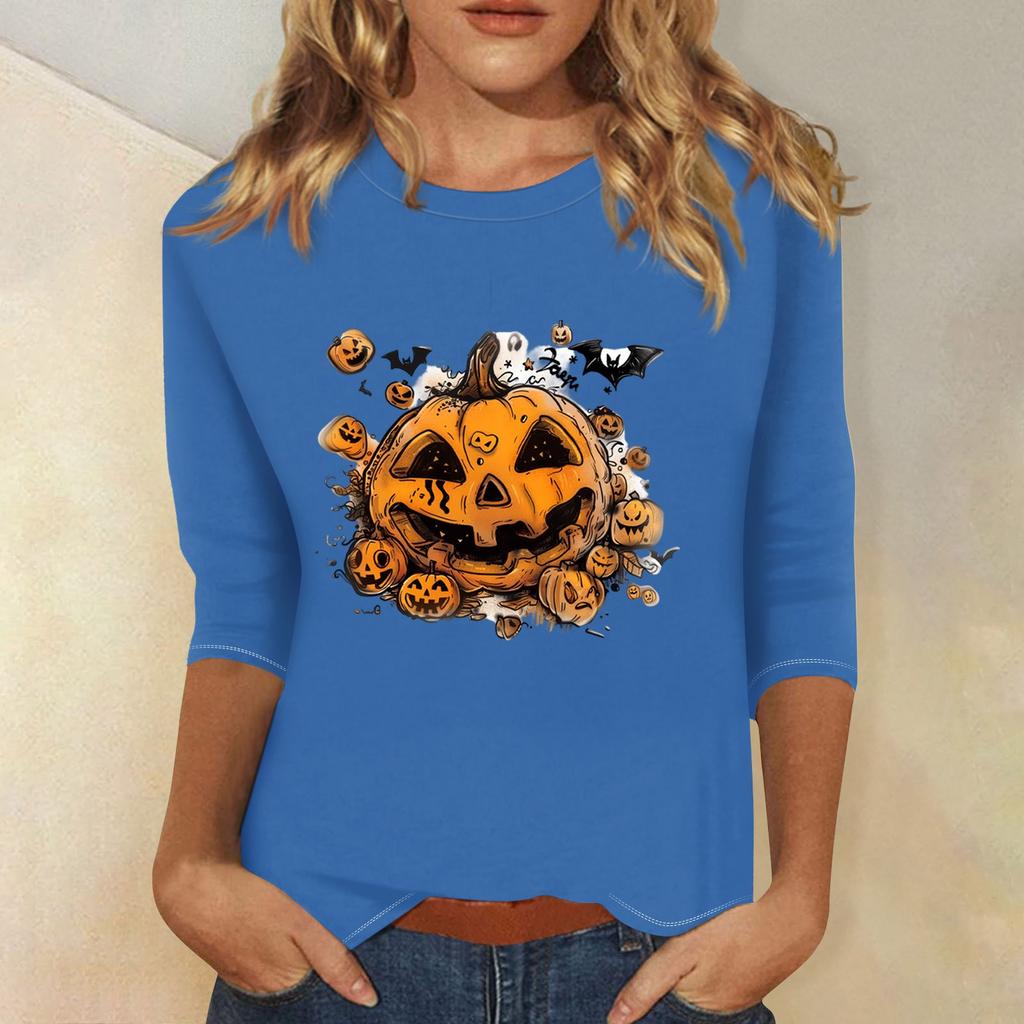 Women's Fashion Casual Three-quarter Sleeve Halloween Printed Round Neck Top