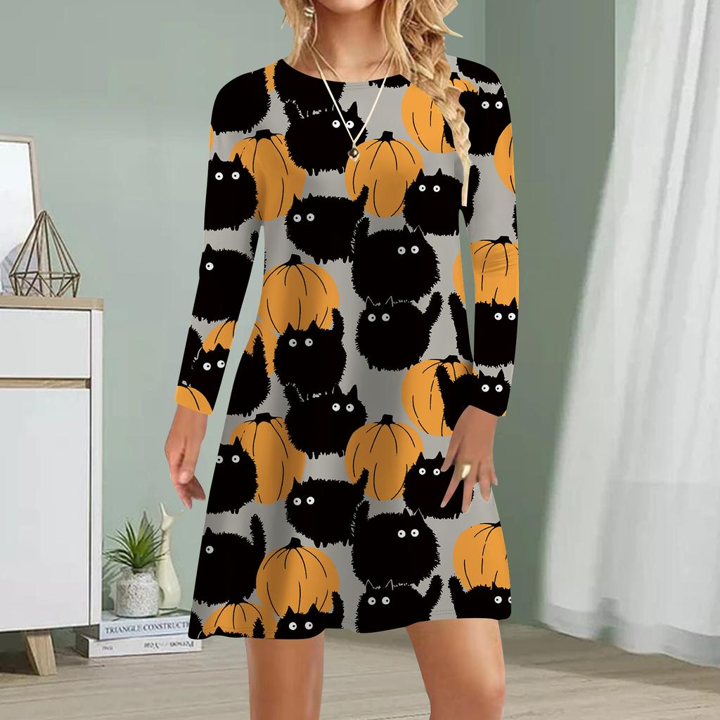 Женское повседневное платье Осенние платья с принтом призраков для женщин Платье с коротким рукавом и круглым вырезом Плюс Размер