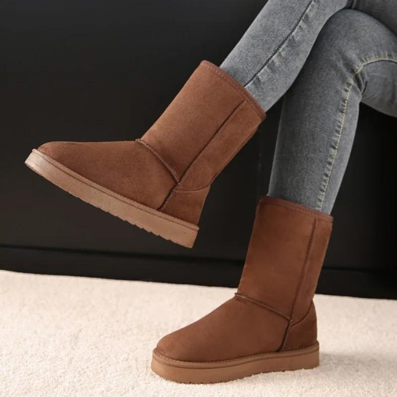 Зимние классические женские зимние сапоги из замши 2024 года, новые женские плюшевые теплые повседневные женские сапоги на толстой подошве до середины голени