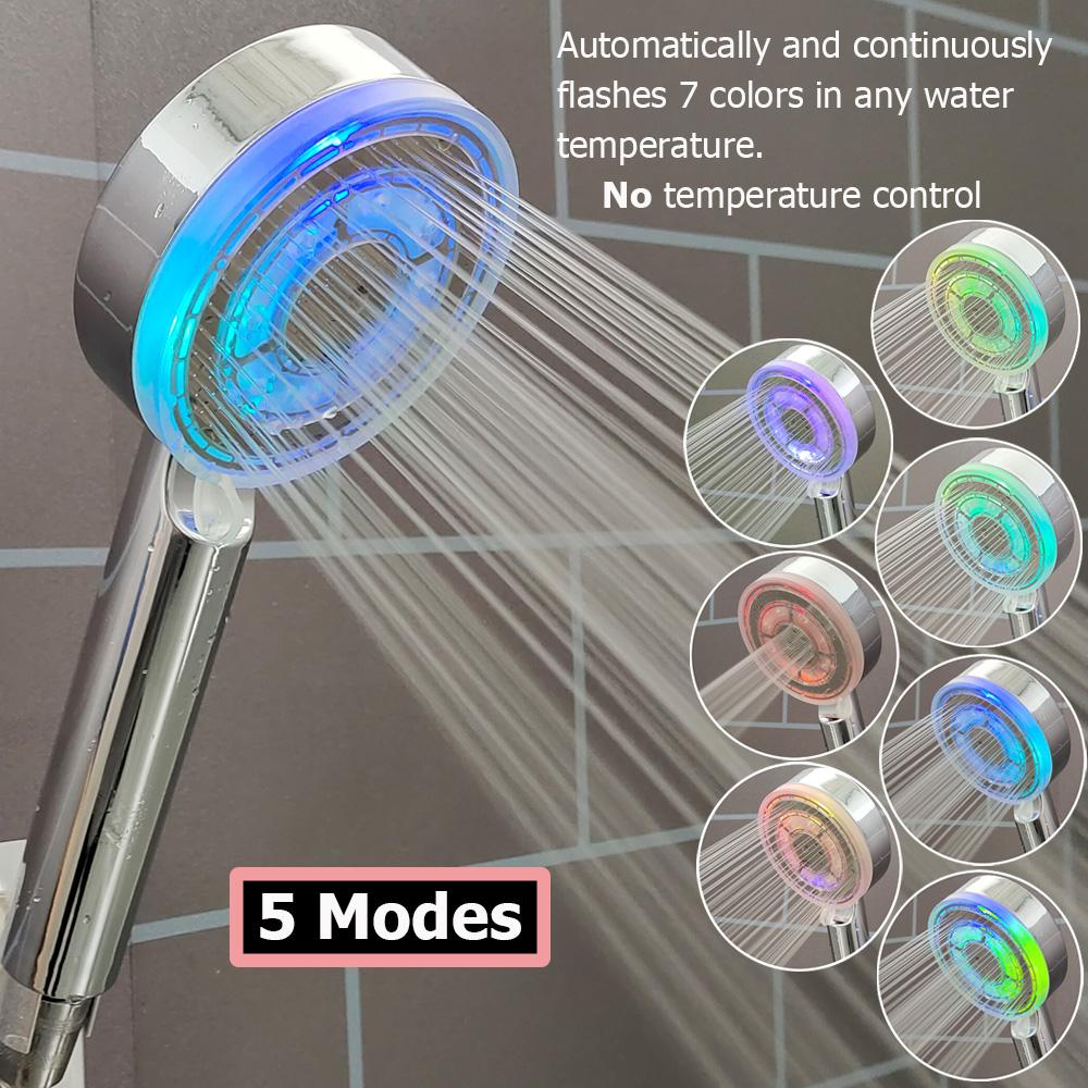 5 Modes Temperature Control Colorful Shower Head 3/7 Color Change LED Spray Nozzle Silver High Pressure Rainfall Bathroom Shower
