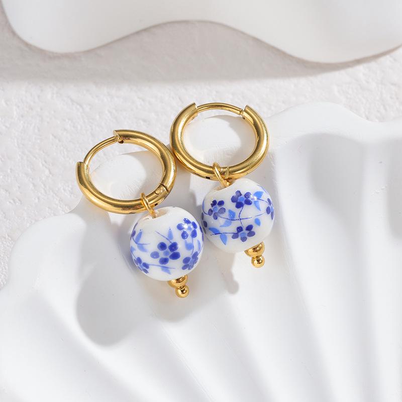 Серьги-сердечки из сине-белого фарфора - Нержавеющая сталь, Серия высококачественной керамики