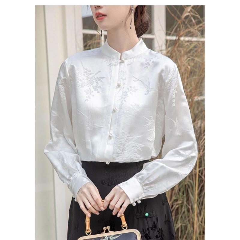 Блузка с длинным рукавом в китайском стиле, женская, элегантная вышивка, винтажный цветочный принт, шикарные топы, свободный крой, женские повседневные рубашки