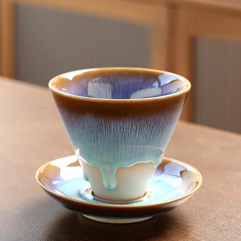 Японская креативная коническая плавная глазурованная грубая керамическая ретро-чашка для кофе Керамическая чашка для латте Цветочная чашка Тарелка Домашний кухонный чайный сервиз