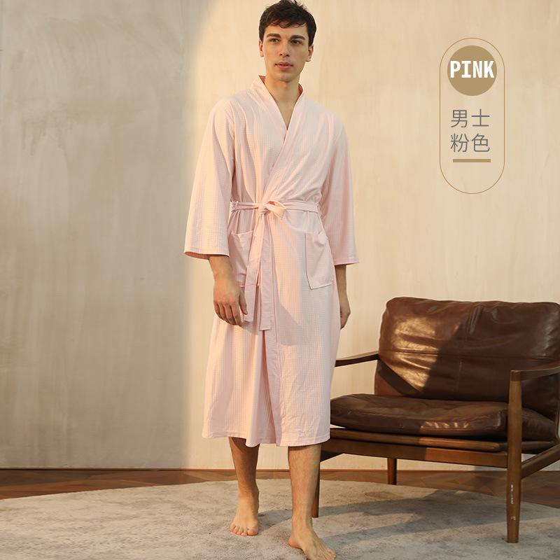 Men's Spring Summer Thin Bathrobe Couple's Lace Up Sleepwear Quick-dry Hotel Spa Robe with Pockets