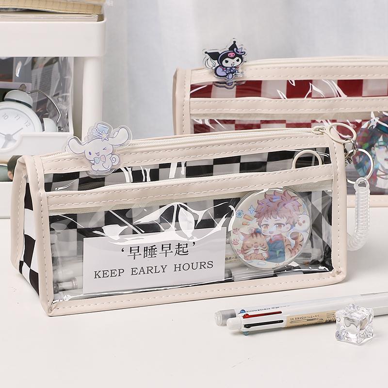 1 Pc Checkerboard Tranaparent Pen Bag Large Capacity Pencil Case School Supplies Cute Korean Stationery for Students ZPG