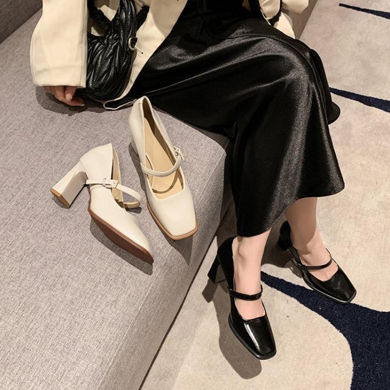 2024 New Pointed Toe Shallow Mouth Square Heel Small Leather Shoes Women's Elegant Fashion High Heels Dress Shoes Zapatos Mujer