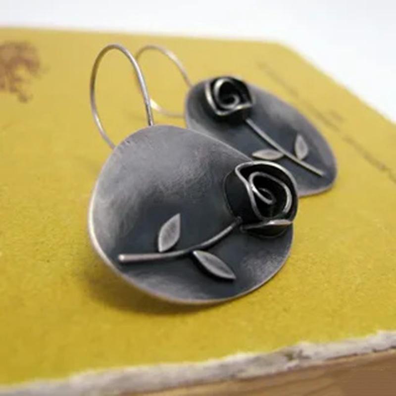 Bohemian Asymmetric Leaf Rose Flower Earrings Vintage Jewelry Ancient Silver Ethnic Wind Earrings New
