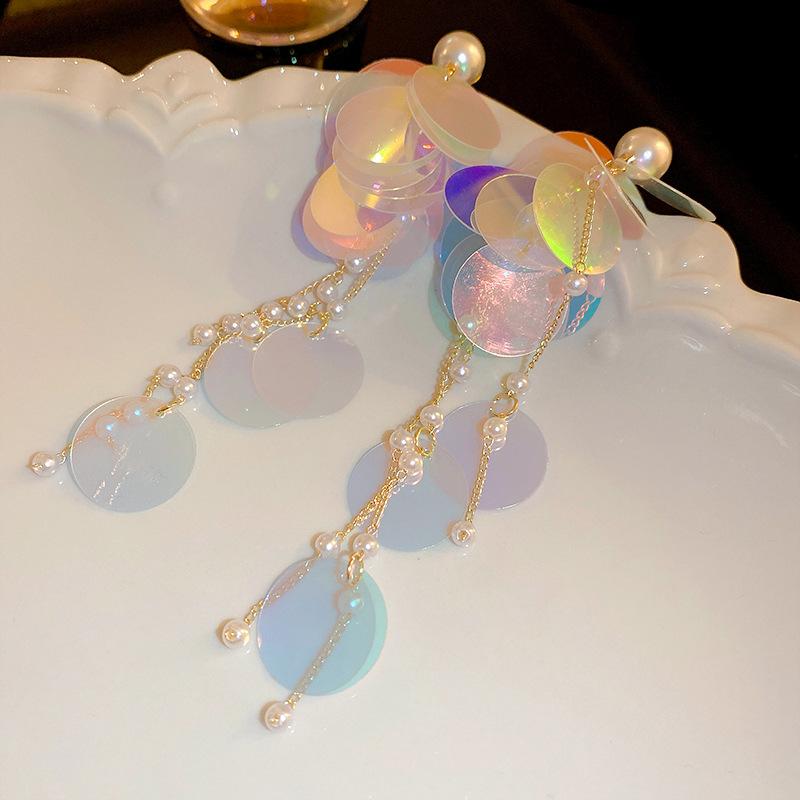 Laser Sequin Imitation Pearl Tassel Silver Needle Earrings