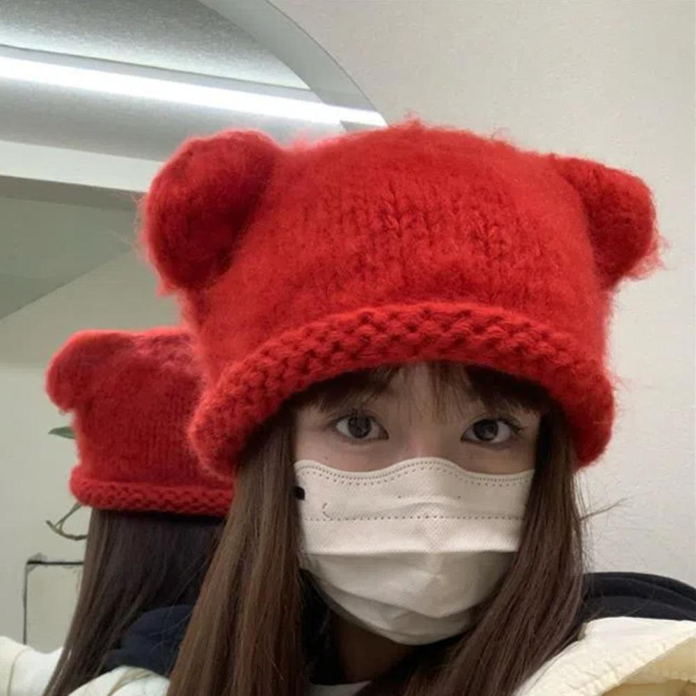Y2K Knitted Pullover Hat Fluffy Brimless Beanie Cap Fashion Bear Ear Woolen Hat Keep Warm