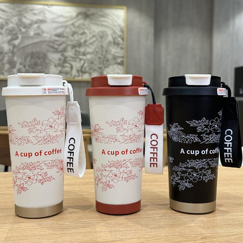New stainless steel lily of the valley coffee cup high value thermal insulation cold coffee cup rope portable double drink straw cup