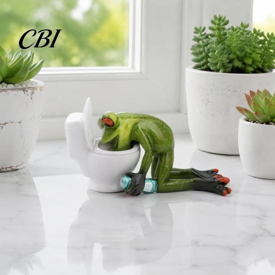 Creative Bathroom Crafts Drunk Frog on The Toilet Decor, Funny Sculpture Tabletop Office Desk Accessories Cute Resin Desktop Ornament for Home