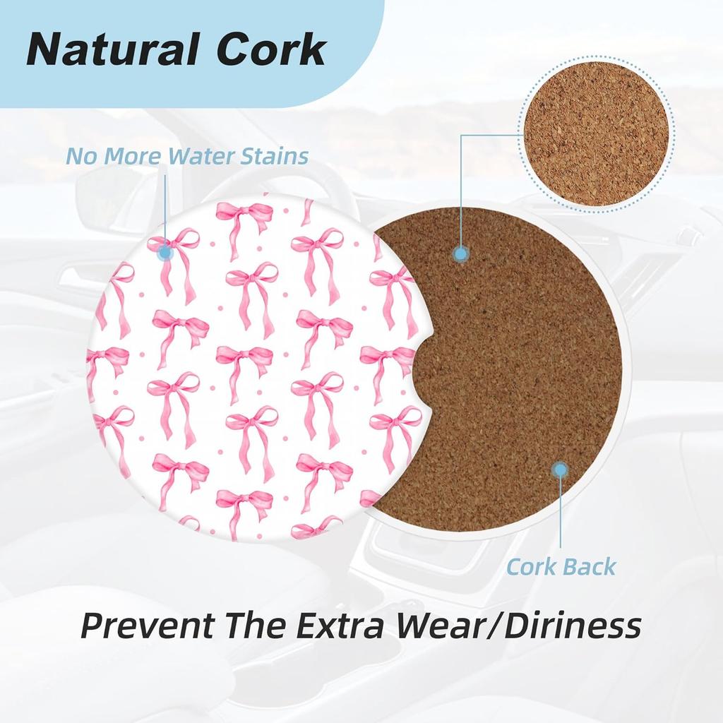 Pink Bow Car Coasters for Cup Holders,2 Pack Car Cup Holder Coasters for Car,Ceramic Absorbent Car Coaster with A Finger Notch and Cork Base,Car