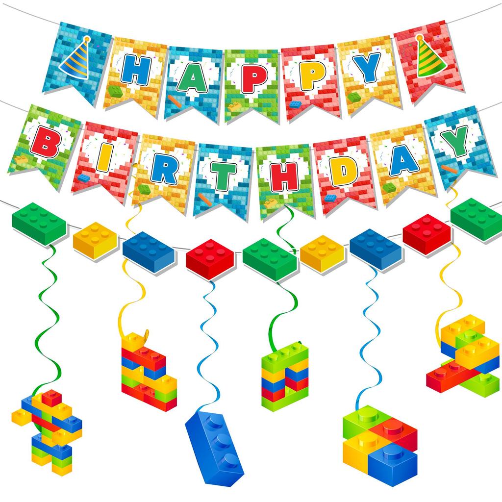 Building Block Party Decorations Banner Swirls, 7PCS Building Blocks Hanging Swirls Decoration Building Blocks Birthday Banner