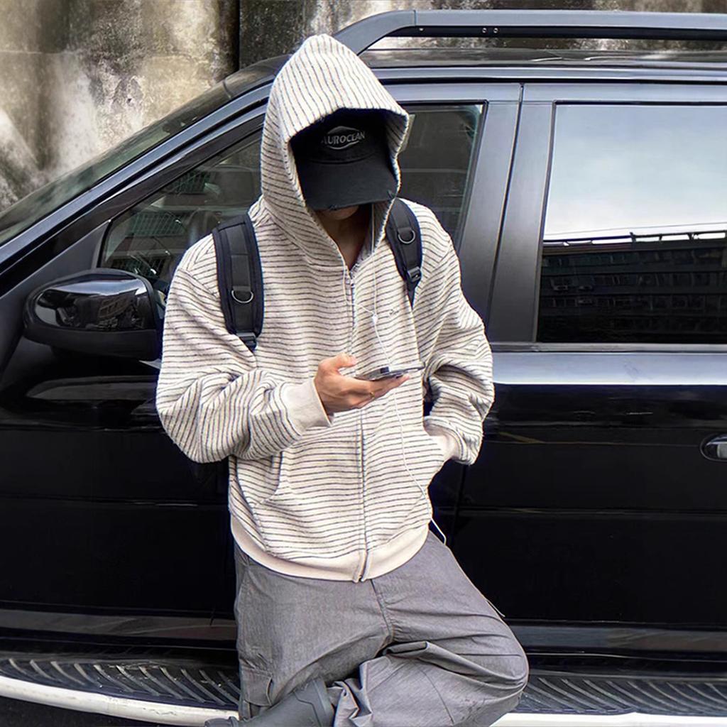 Черно-белый полосатый кардиган с капюшоном, мужской, осенний, с чувством дизайна, в стиле «маленький ароматный ветер», уличный, на молнии
