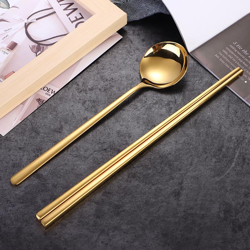 Reusable Chopstick and Spoon Set, Korean Long Handle Stainless Steel Spoon and Chopsticks, Set of 4, For Kitchen or Restaurant