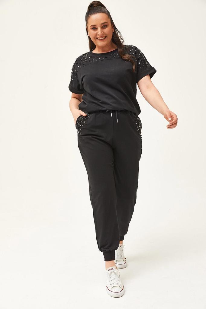 Женский модный спортивный костюм большого размера, летний зеленый спортивный костюм большого размера с камнями и бисером, с короткими рукавами