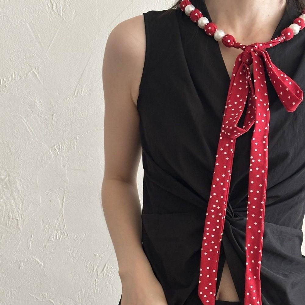 Ribbon Pearl Necklace Scarf Adjustable Polka Dots Scarf All-match Waist Chain Summer Season