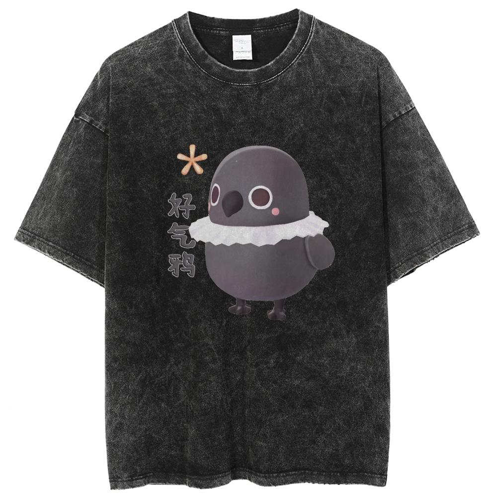 Cute Casual Style Cartoon Black Chick Print Ladies T-Shirt Loose Wash Cotton Short Sleeve Fashion Design Top