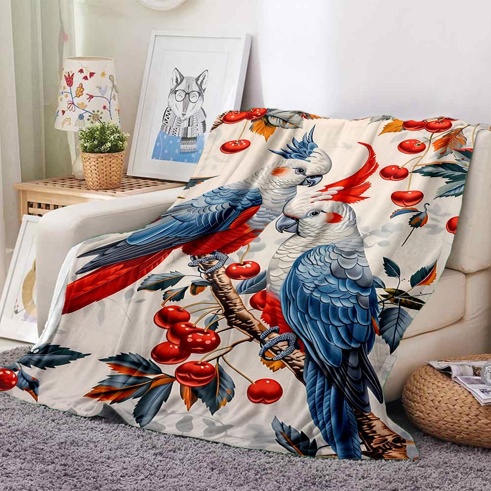 1pc Parrot Cherry Lightweight Flannel Blanket, Comfortable and Warm Blanket, for Office and Camping Sofa Bed161