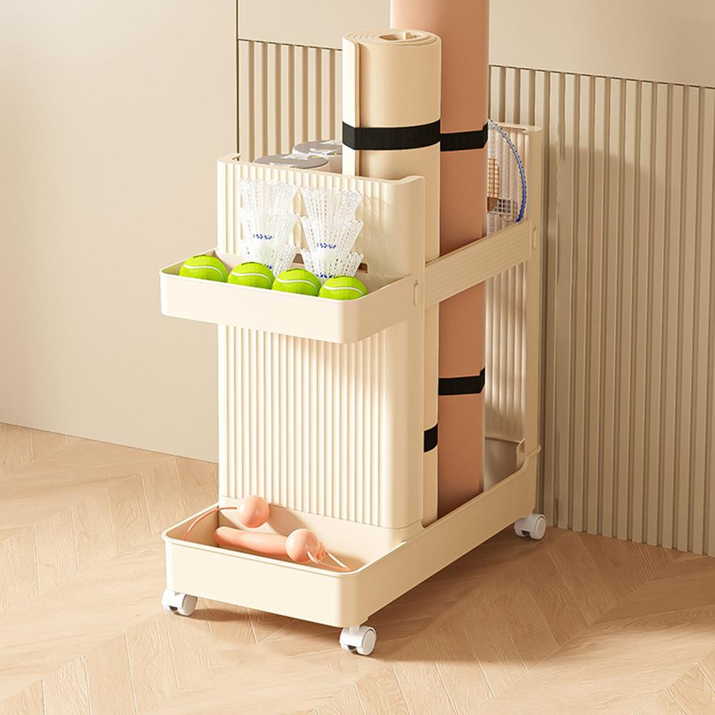 Тележка для хранения спортивного инвентаря с колесами, держатель для спортивного инвентаря, стойка для хранения ковриков для йоги, органайзер для спортивного инвентаря